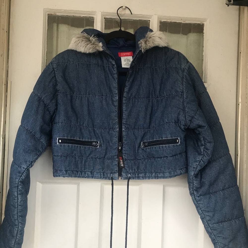 Esprit denim cropped Puffer Hood with Faux Fur